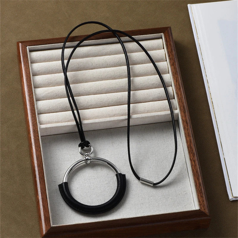 Retro Circle Black Rope Pendant Chain Long Necklace Classic Minimalist Jewellery.