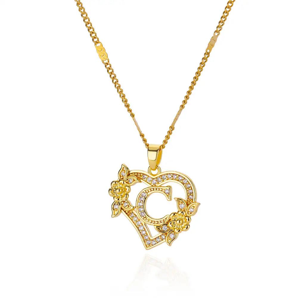 Zircon Flower Heart Initials Necklaces Stainless Steel Heart Letter