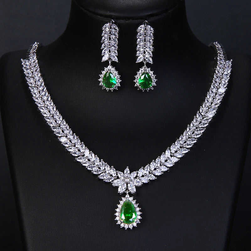 Luxury Green Cubic Zirconia Earrings Necklaces Sets Accessories.
