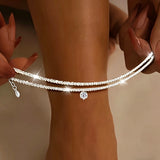 Adjustable Double Layer Cubic Zirconia Six Prong Anklet Summer Beach Waterproof Foot Jewellery.
