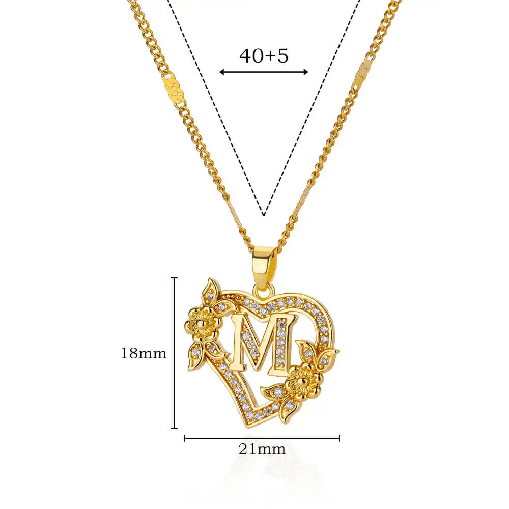 Zircon Flower Heart Initials Necklaces Stainless Steel Heart Letter