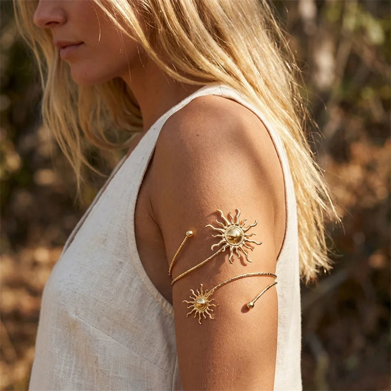 Elegant Sun Adjustable Cuff Bracelet Unique Gold Upper Arm Bangle.