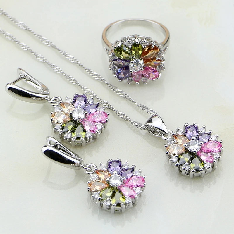 925 Sterling Silver Jewelry Multicolor Stones Cubic Zirconia Jewelry Sets.