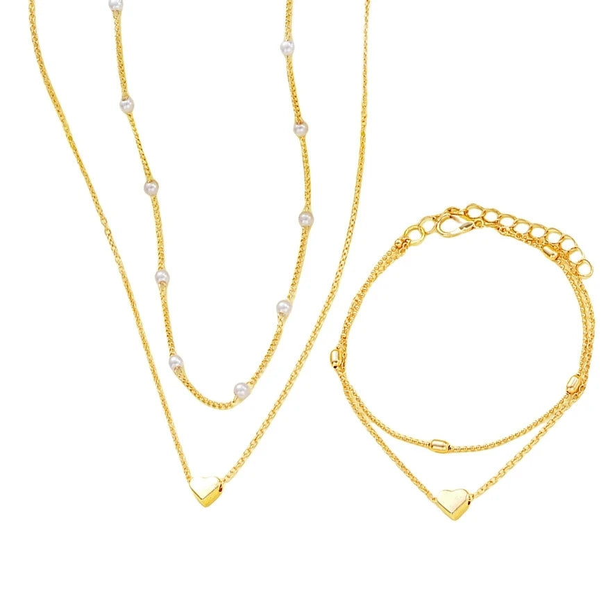 Imitation Pearl Heart Jewelry Set Gold Silver Color
