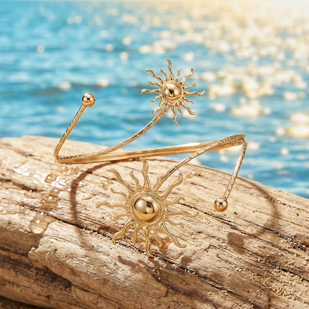 Elegant Sun Adjustable Cuff Bracelet Unique Gold Upper Arm Bangle.