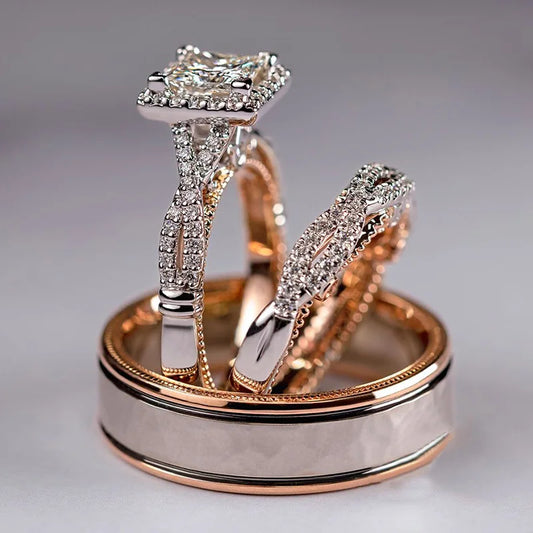 18K Rose Gold Couple Lab Diamond Ring sets  Wedding band Rings for Women Men Engagement Jewellery.