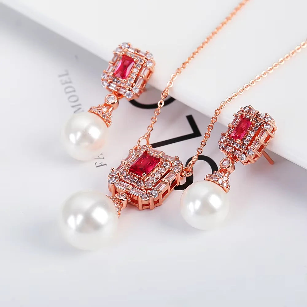Luxury Irregular Pearl Classic Retro Pendant Jewelry Set 18K Gold Plated Crystal.