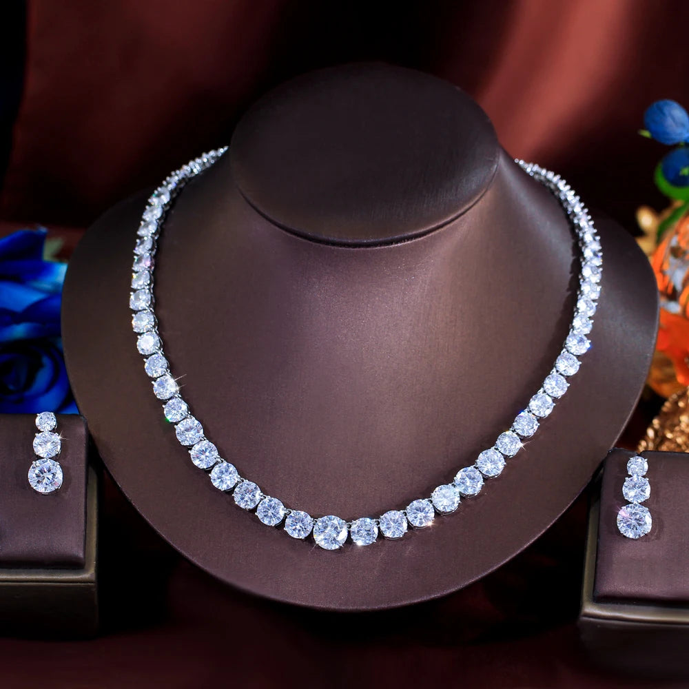 Glittering Round Cubic Zirconia Tennis Necklace and Earrings