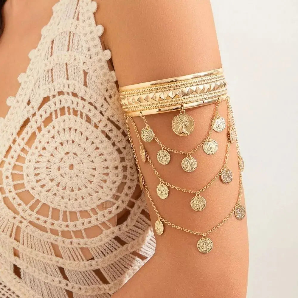 New Metal Tassel Arm Chain Adjustable Fashion Wide Open Bangle Retro Arm Bracelet Women