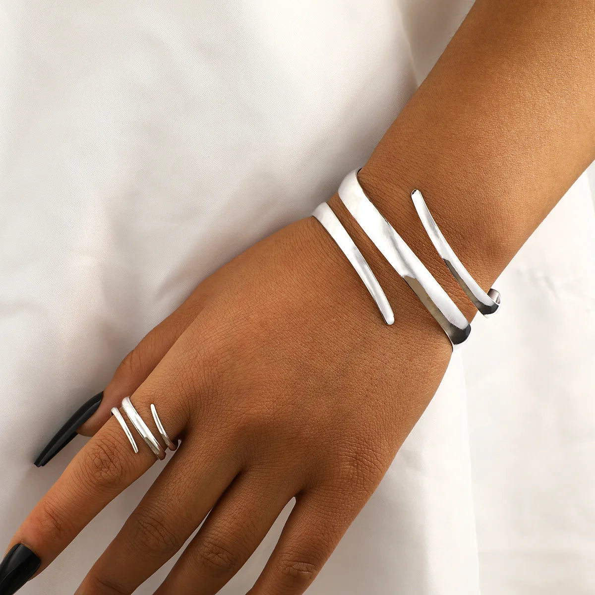 Fashion Metal Open Bracelet & Ring Set For Gold Silver Color Smooth Bangle Rings Elegant Jewellery.