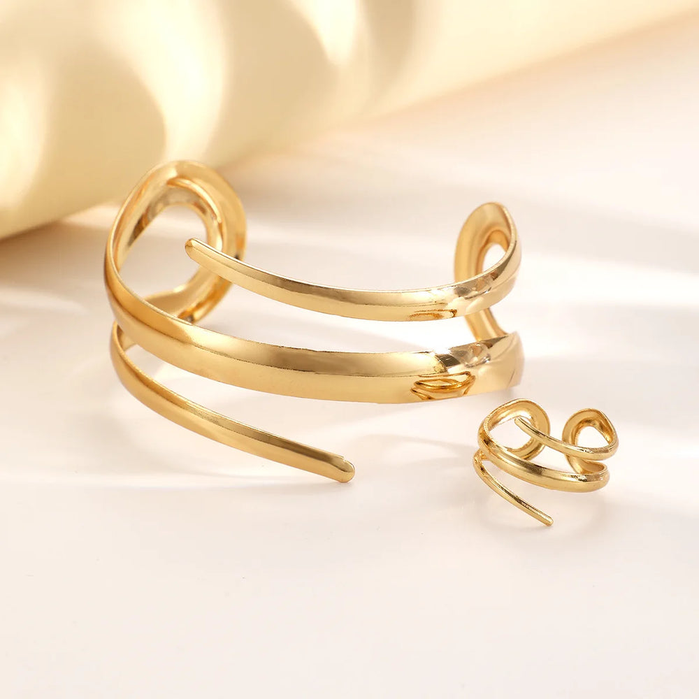 Fashion Metal Open Bracelet & Ring Set For Gold Silver Color Smooth Bangle Rings Elegant Jewellery.