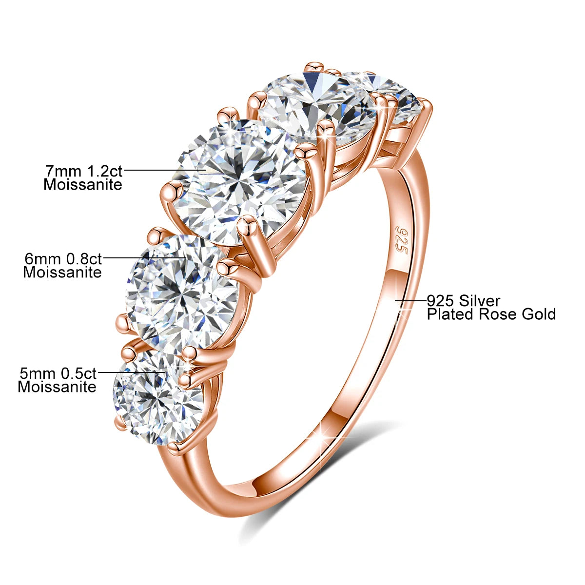 18k Plated 3.8CTW Genuine Moissanite Rings 5 Stones Sparkling 925 Sterling Silver.