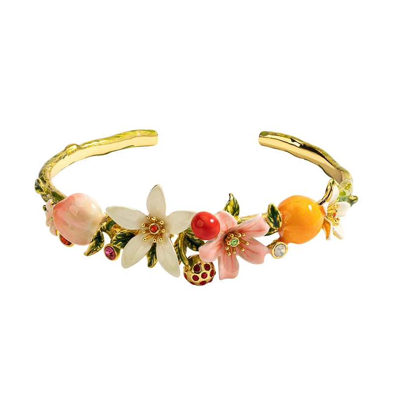 JUICY GRAPE Adjustable Bangles Peaches Oranges Cherries Flowers Fruit Series Enamel Bracelet Wedding Party Jewelry Gifts