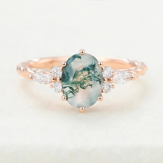 Natural Unique 6x8mm Oval Moss Agate Rings, 925 Sterling Silver Handmade Ring Fine Jewellery.