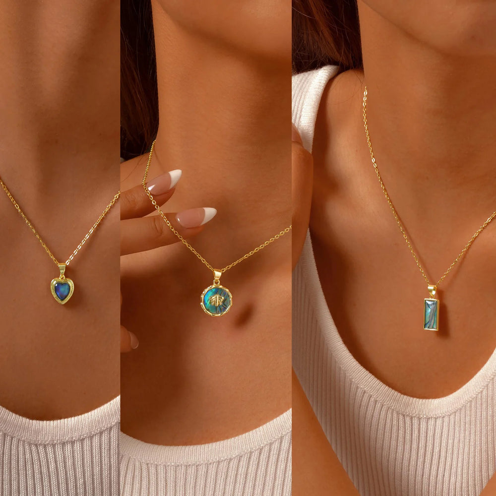 Waterproof Necklace , Nature Abalone Shell Heart Square Round Shape Pendant Statement.