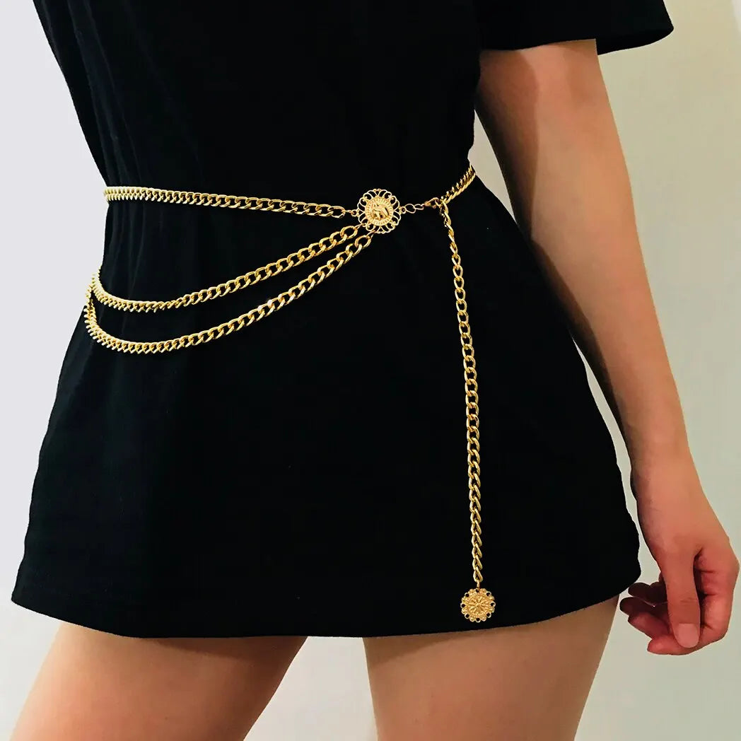 Sunflower Queen Head Coin Tassel Pendant Waist Belly Belt Women.