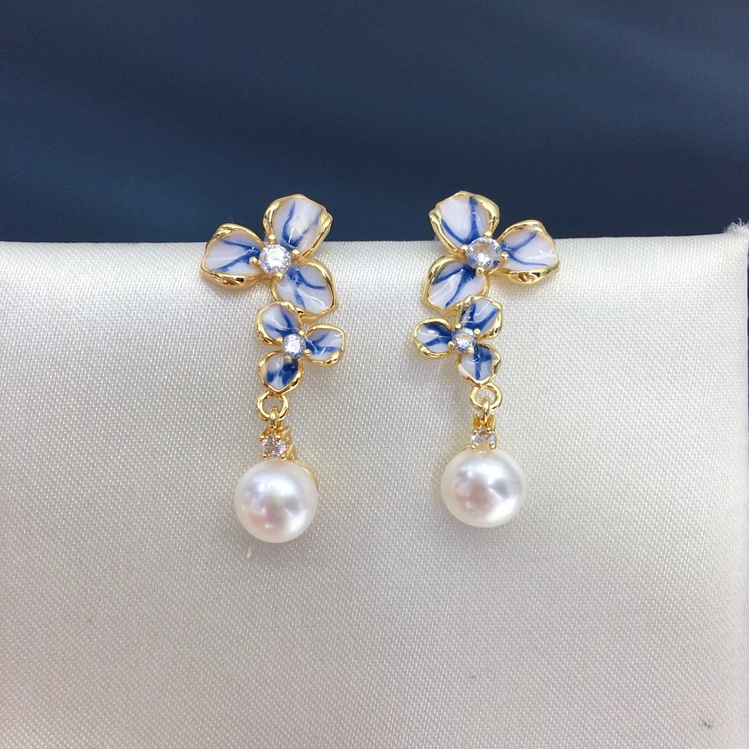 Freshwater Pearl Earrings 7-7.5mm Zircon Symmetry Flower Style Fashion Jewellery.