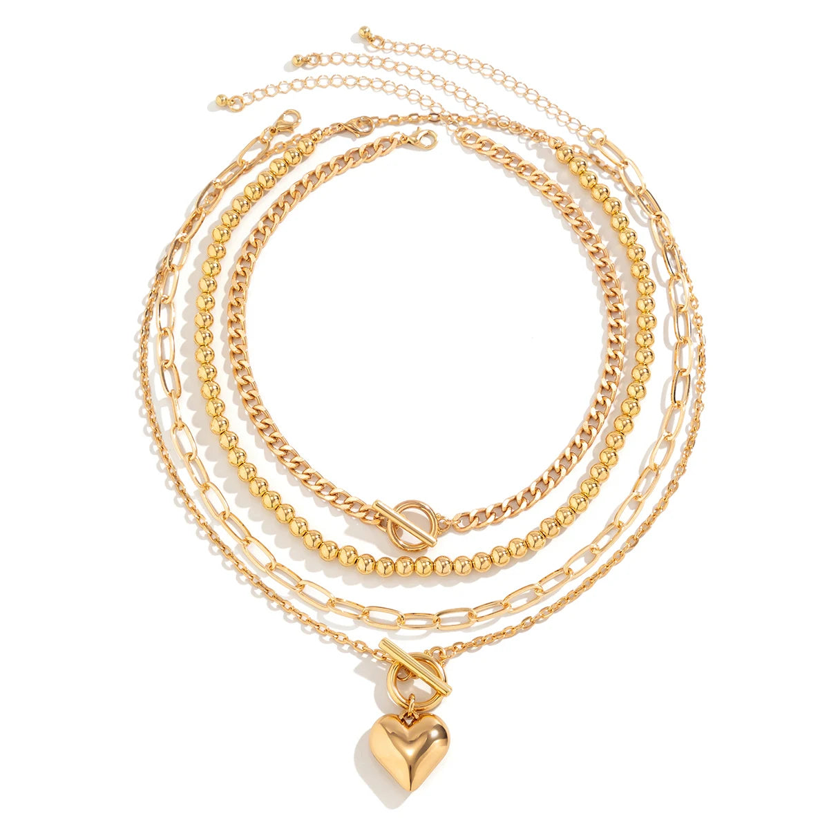 4Pcs/Set Gold Color Heart Pendant Necklace Beaded Chain Jewellery Accessories.