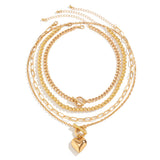 4Pcs/Set Gold Color Heart Pendant Necklace Beaded Chain Jewellery Accessories.