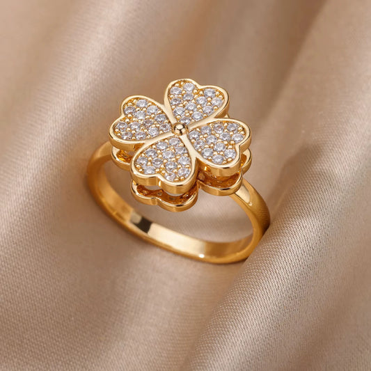 Rotatable Four Leaf Clover Rings Stainless Steel Zircon Ring.