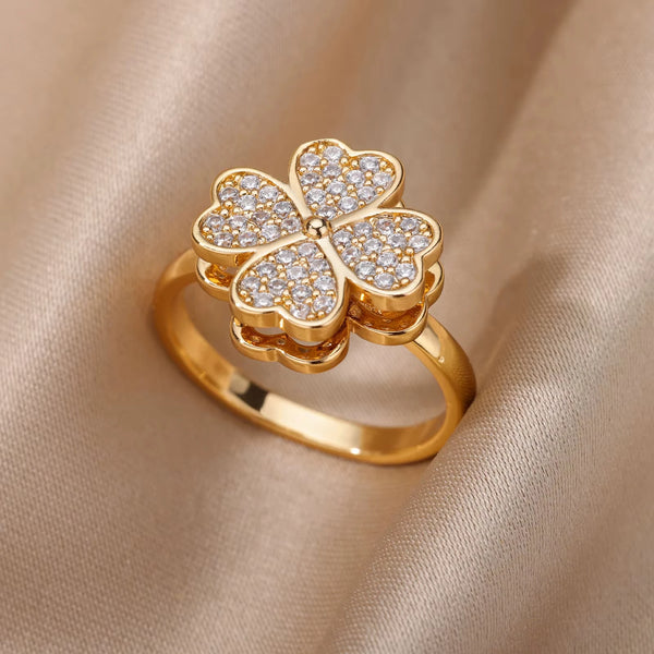 Rotatable Four Leaf Clover Rings Stainless Steel Zircon Ring.