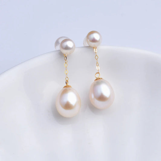 Real 18K Gold Earrings Fine Jewellery AU750 Natural Freshwater Pearl  Round Double Beads.