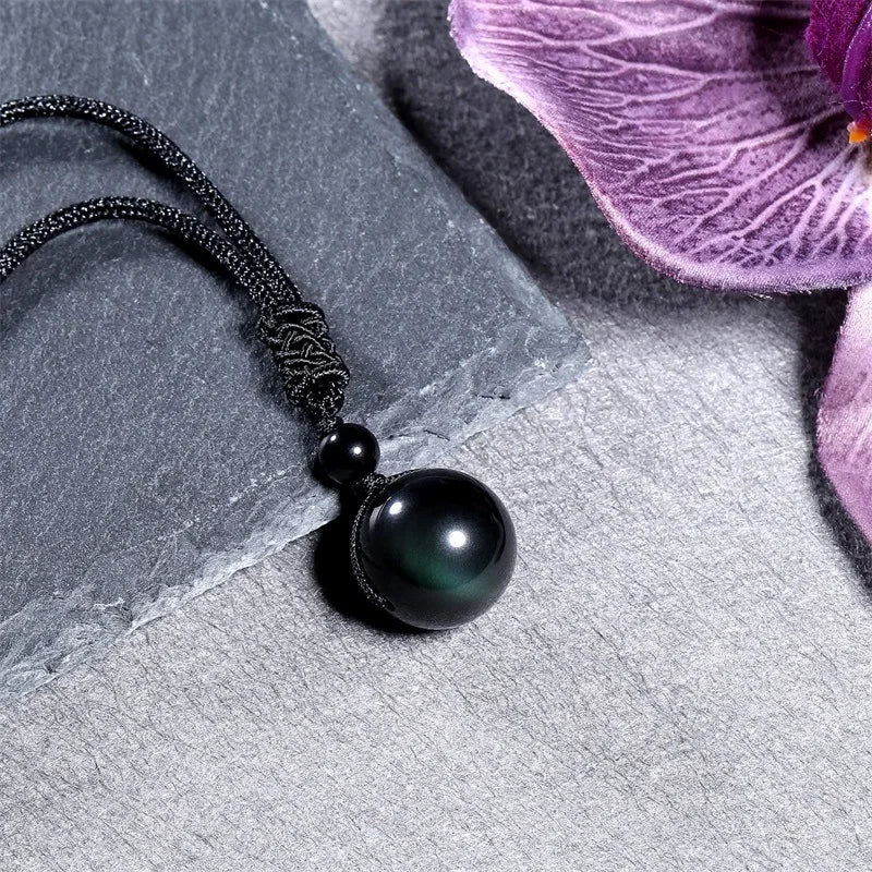 16 Mm Black Tiger Eyes Stone Necklaces with Adjustable Braided Rope Cords Natural Crystal Pendant.