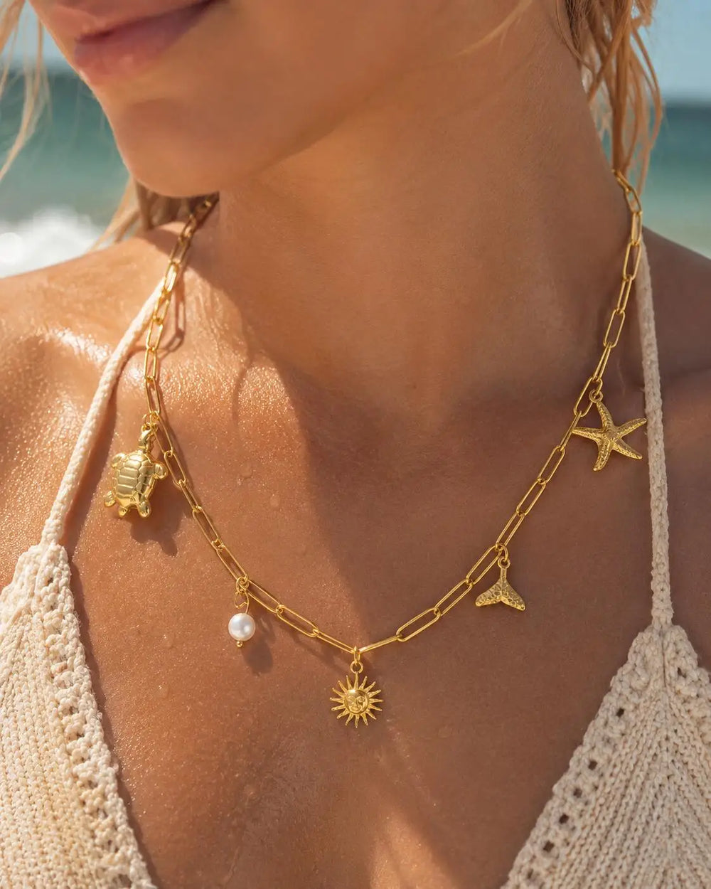 18K Gold Plated Pearl, Shell, Conch, Starfish Summer Beach Necklace, Stainless Steel Waterproof Charm Jewelry