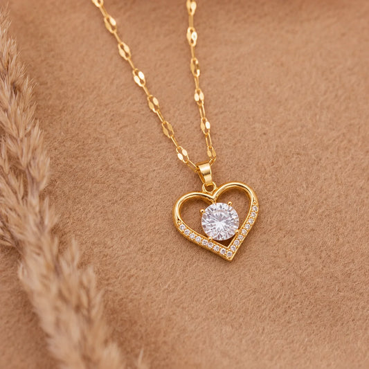 Original Gold Heart Necklace, Sparkling Zirconia Pendant Necklace.
