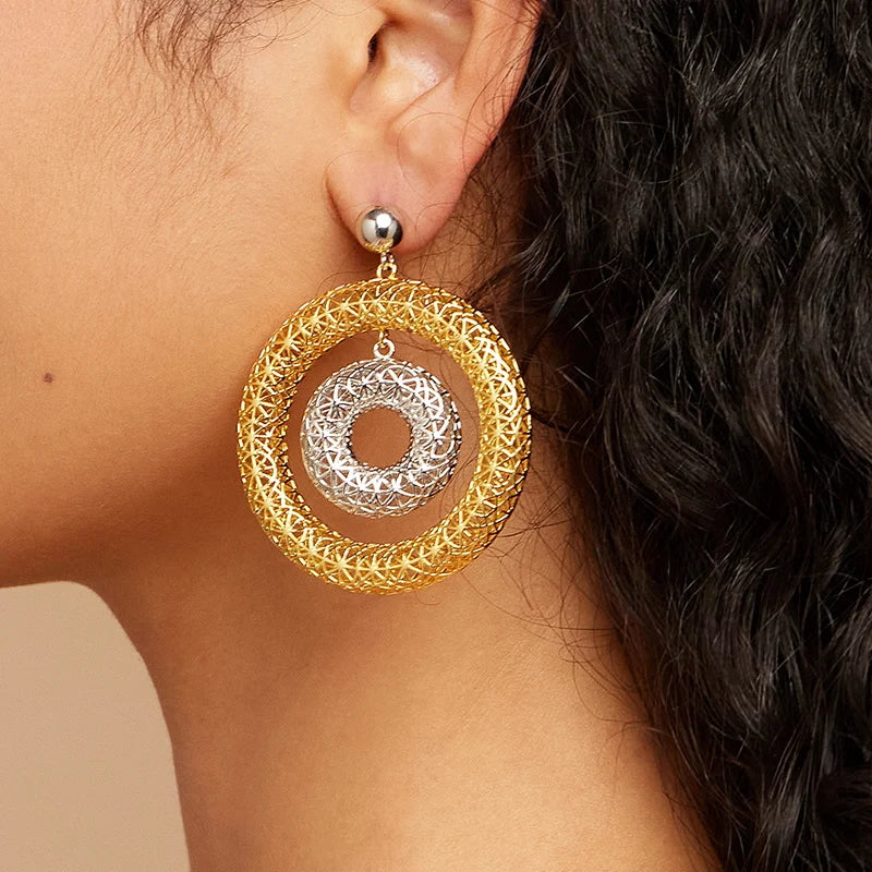 Bicyclic Ring Hollowed Out Drop Earrings For Women Brass Gold Color Earrings.