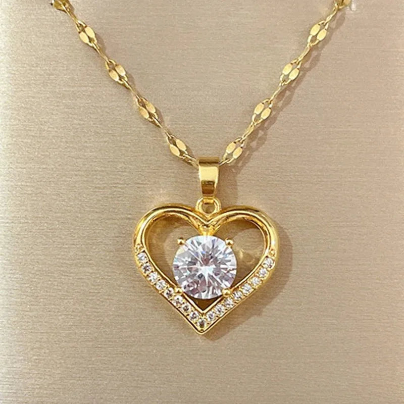 Artificial Gems Heart Pendant Necklace Golden Stainless Steel