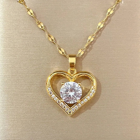 Artificial Gems Heart Pendant Necklace Golden Stainless Steel