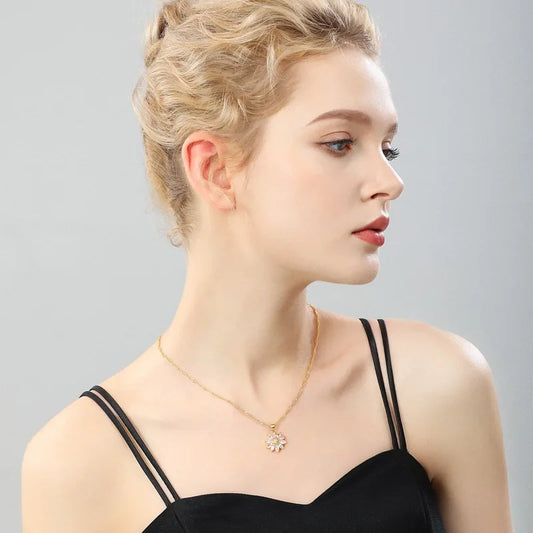 Trendy Rotation Spin Sunflower Stainless Steel Zircon Necklaces