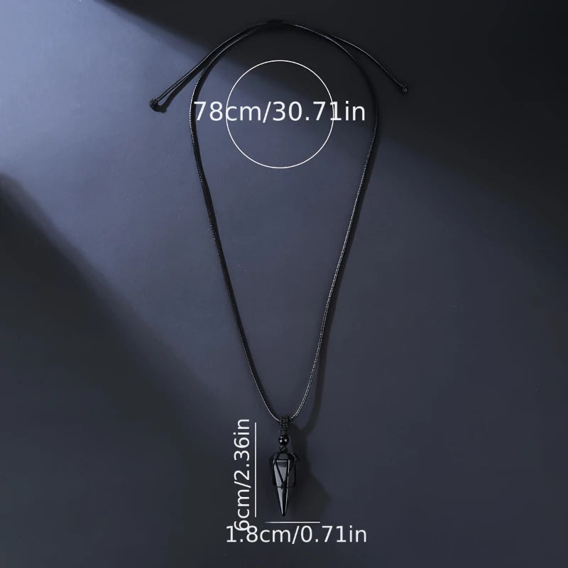 Black Lucky Cool Natural Obsidian Hexagonal Cone Mesh Pocket Braided Rope Pendant Necklace*1pc
