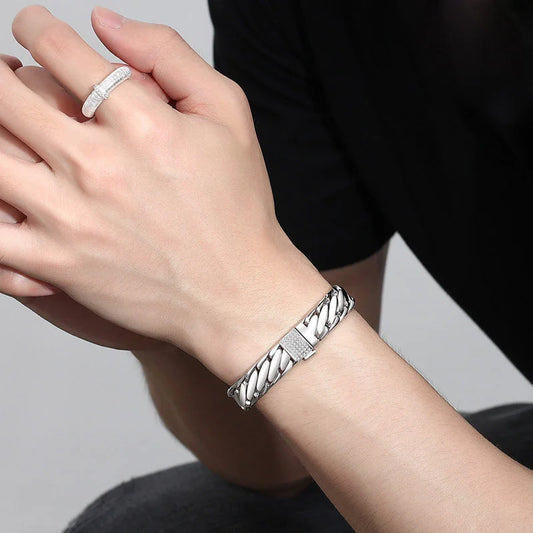 High‑End Luxury S925 Sterling Silver Men Bracelet Paved Zircon Inlay Fine‑Silver Wrist Jewellery.