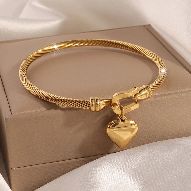 18k Gold Color Stainless Steel Heart Pendant Charm Bangle Bracelets.
