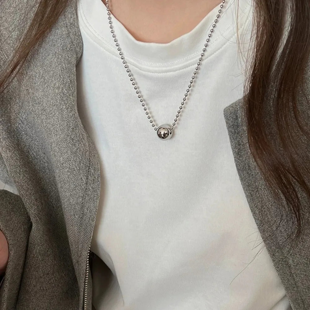 Personality Design Silver Color Stainless Steel Beaded Ball Pendant Necklace, Double Layer Jewellery.