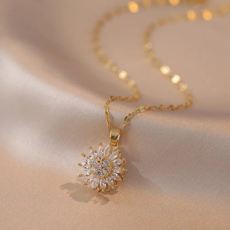 Trendy Rotation Spin Sunflower Stainless Steel Zircon Necklaces
