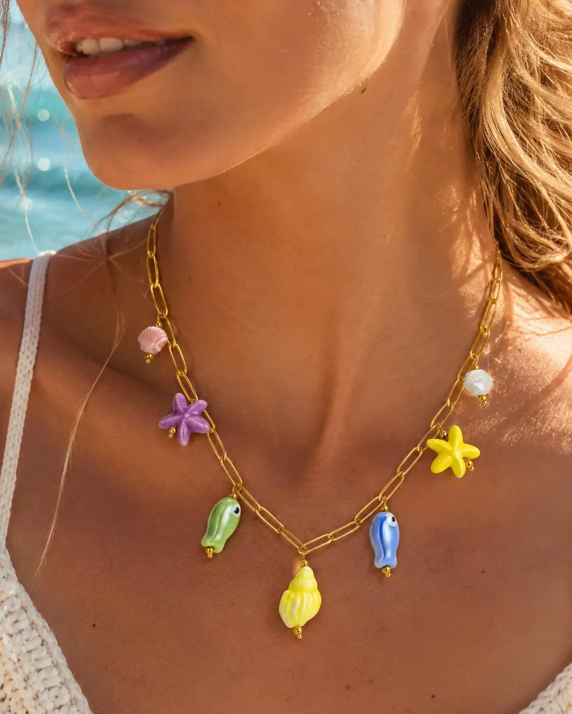 18K Gold Plated Pearl, Shell, Conch, Starfish Summer Beach Necklace, Stainless Steel Waterproof Charm Jewelry
