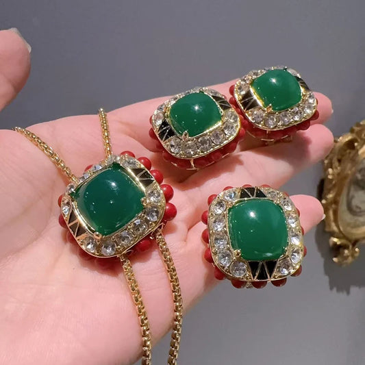 Natural Stone Square Necklace Green Jewelry Sets Luxury Designs Gold Earrings Rings.