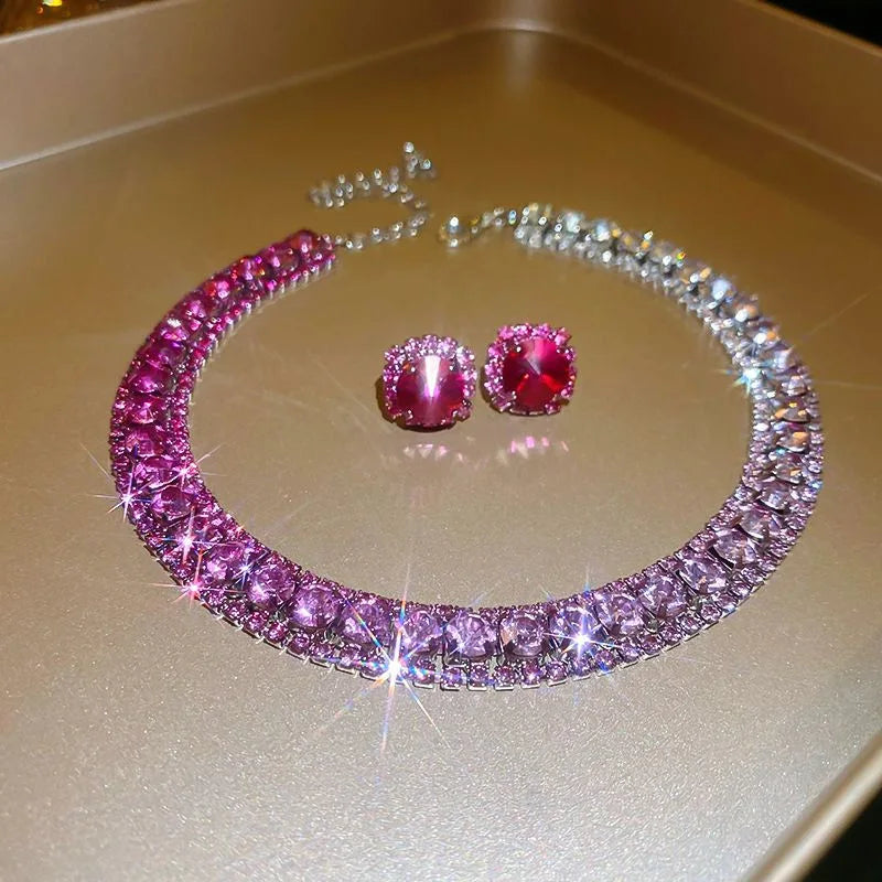 Luxury Rhinestone Necklace Stud Earrings, Crystal  Necklaces Ladies Fashion Jewellery Set.