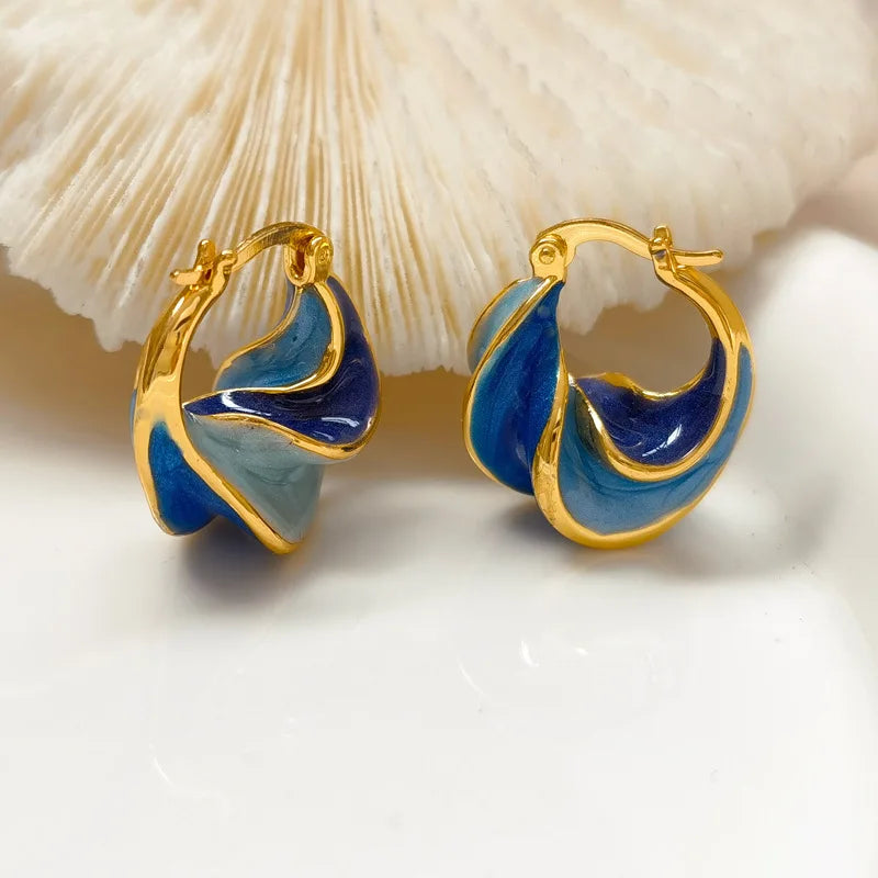 Trendy Enamel Color Metal Texture Small Hoop Earrings, Gold Plated Jewellery Gifts.