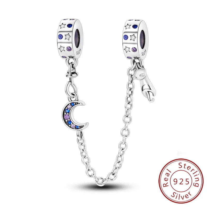 Safety Chain Fit Original 925 Sterling Silver Beads Moon Star Butterfly Heart shaped Jewellery Gift.