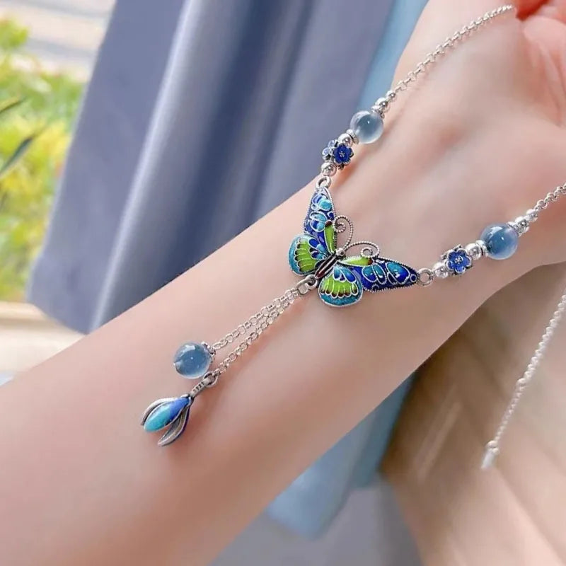 925 silver blue-green enamel exquisite butterfly Necklace tassel flower retro jewellery