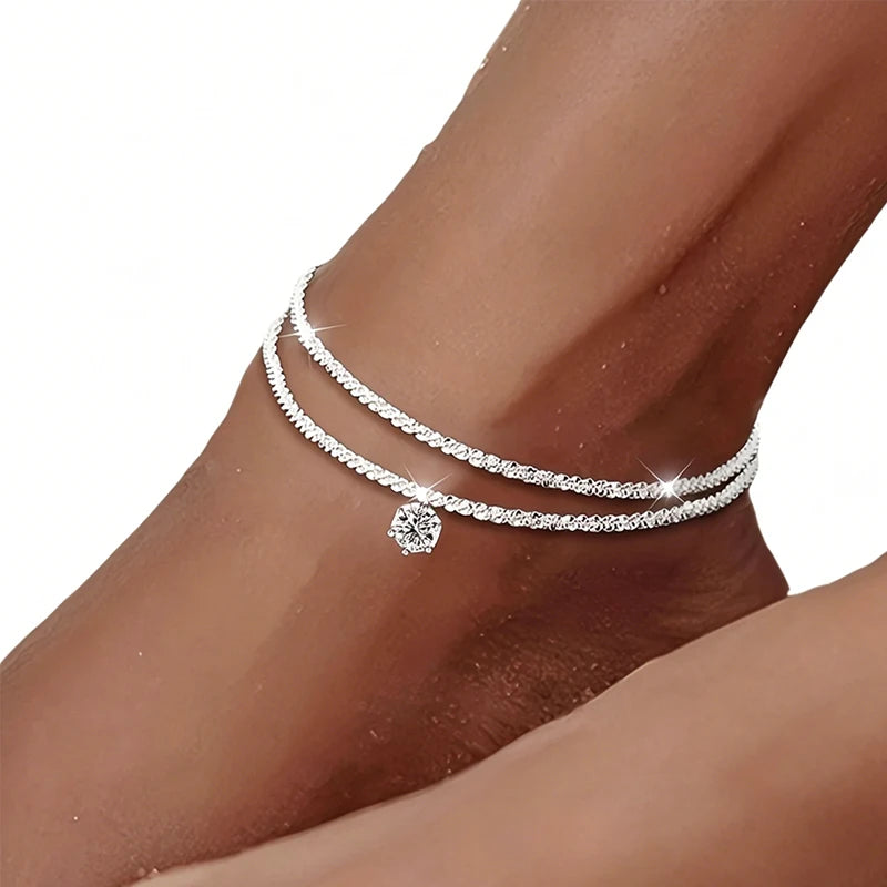 Adjustable Double Layer Cubic Zirconia Six Prong Anklet Summer Beach Waterproof Foot Jewellery.