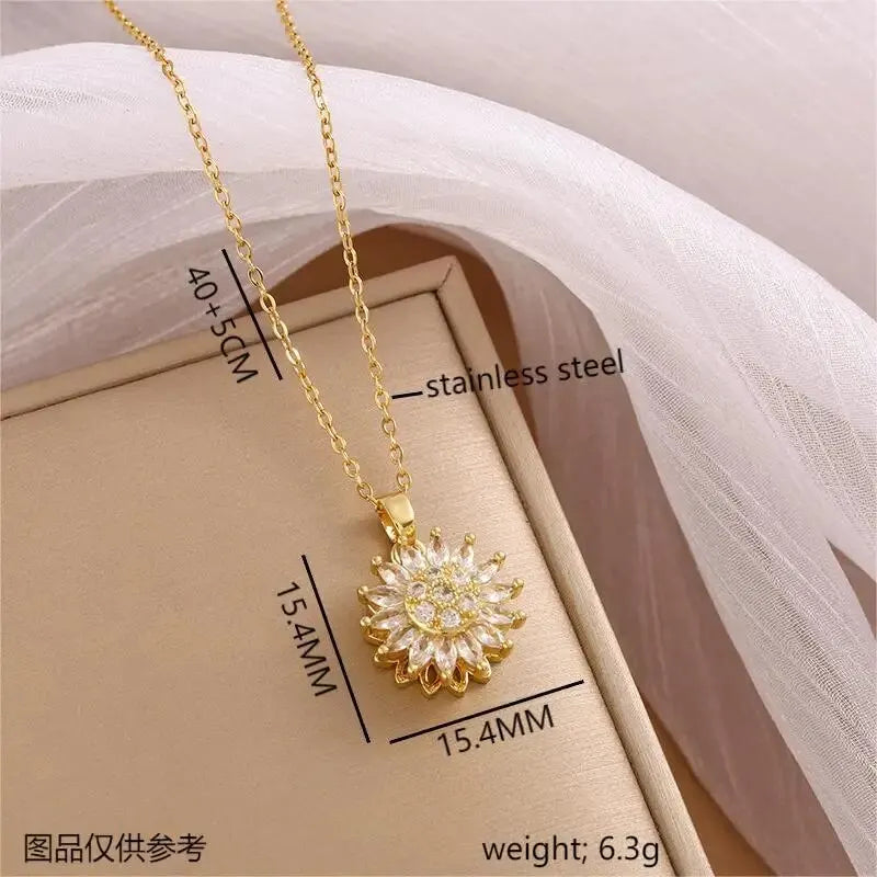 Trendy Rotation Spin Sunflower Stainless Steel Zircon Necklaces