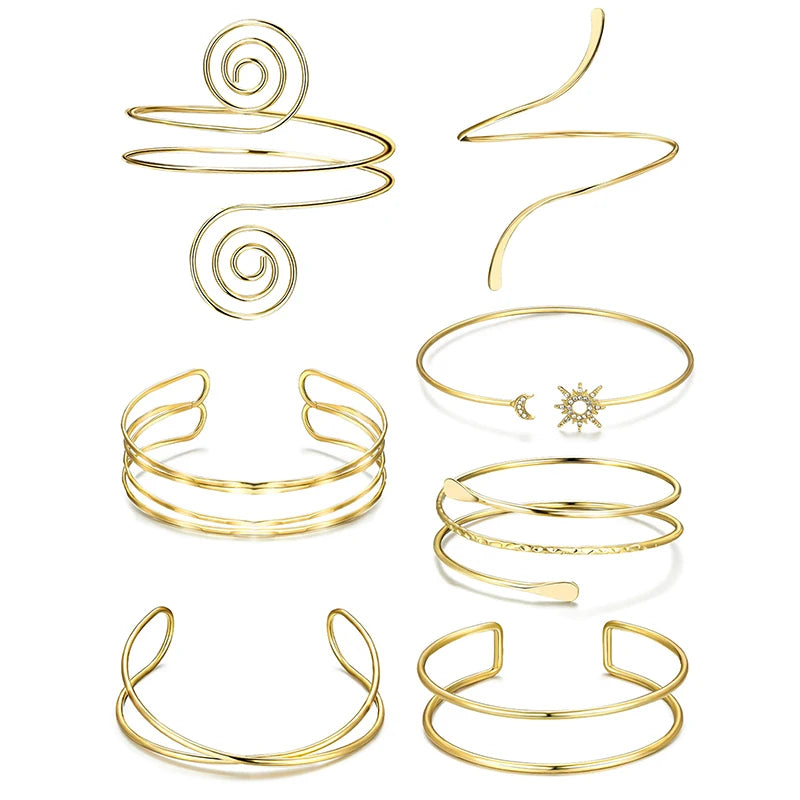 7 Pcs Upper Arm Bracelets Adjustable Gold Color Arm Cuff Bangle Women's Jewelry Gifts.
