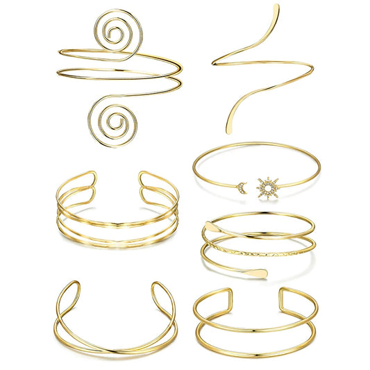 7 Pcs Upper Arm Bracelets Adjustable Gold Color Arm Cuff Bangle Women's Jewelry Gifts.