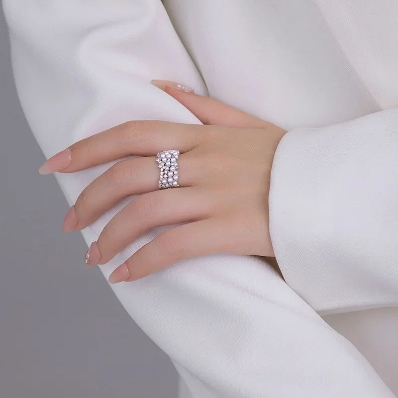 925 Sterling Silver Zircon Pearl Round Rings Minimalist Trendy Light Luxury Fine Jewelry Opening Accessories,.