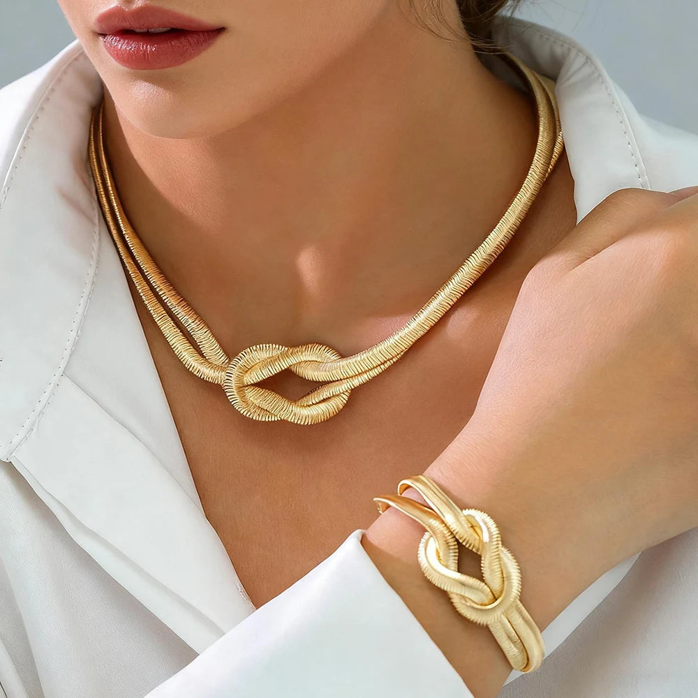 Double Layer Knot Necklace Bracelet Set Gold Color Snake Twisted Chunky Fashion Jewellery Accessories.